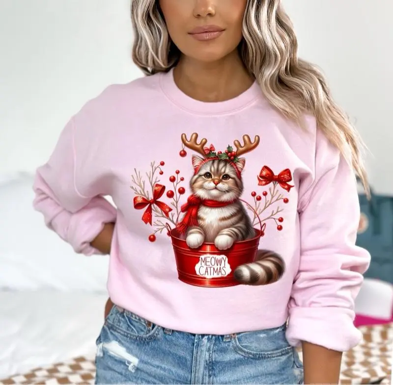 Meowy Christmas Crewneck Sweatshirt Gildan Everyday Style Shirtsleeve love casual comfortable super soft relaxed fit unisex Sizing womenswear Streetwear  vintage Crewneck Printed Loose Graphic Top