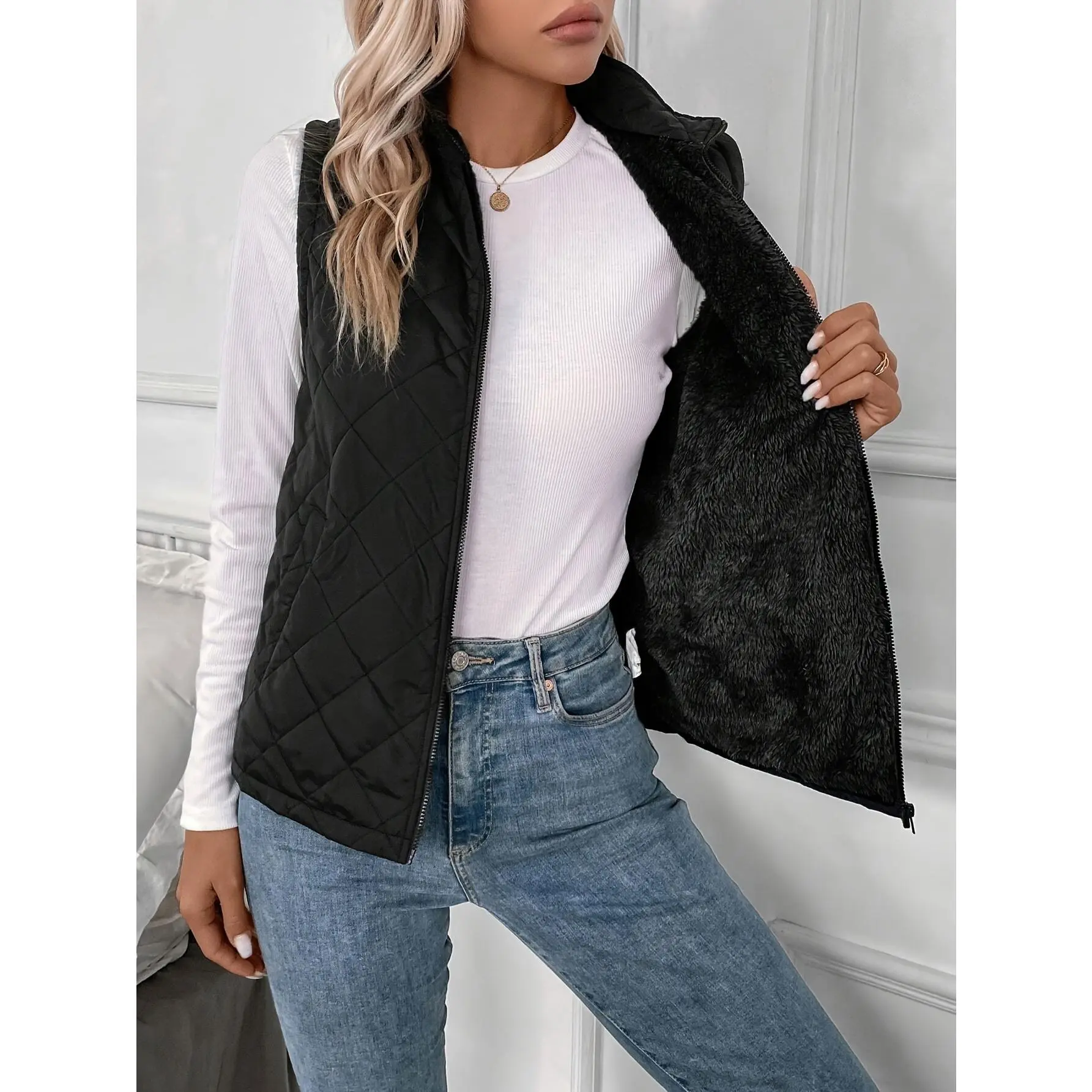 Zip-up Quilted Puffy Vest, Casual Sleeveless Pockets Faux Fur Lined Warm Vest For Fall & Winter, Women's Clothing