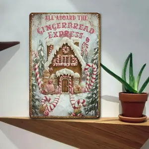 2D Flat, 2d flat Decorative Signs& Plaques, Iron, Vintage Pink Gingerbread Train Metal Tin Sign- Christmas Holiday Wall Decoration with "Gingerbread Express" Design, Candy Cane and Snow Scene Evergreen Plants, Art Craft Suitable for Home,,