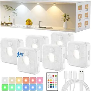 6 Pack Under Cabinet Lighting, Puck Lights with Remote,Motion Sensor Light Indoor,3 Color Temps & 9 RGB Colors Dimmable Closet Light,Rechargeable Under Counter Lights for Kitchen,Bedroom,Shelf