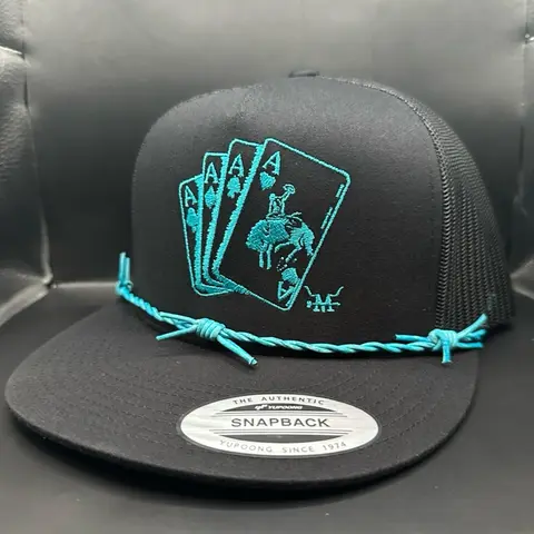 Turquoise Gambler Hat with Card Design, Adjustable Bracelet, and Snapback Closure