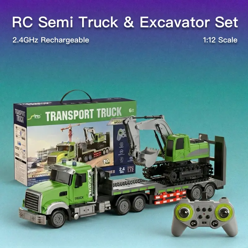 RC Semi Truck & Excavator Toy Set, 1:12 Removable and Rechargeable Remote Control Flatbed Trailer Truck with Lights & Sound, 2.4GHz RC Construction Vehicles for Kids,Surprise Gift, Parent-Child Interaction