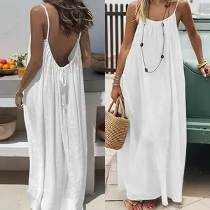 NEW Womens Solid Color Backless Cami Dress, Casual Sleeveless Dress for Summer, Ladies Clothes for Beach Holiday Vacation