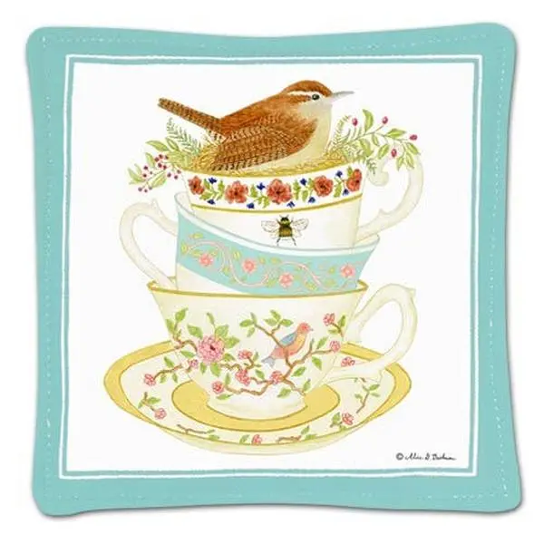 Tea-Themed Square Fabric Coaster, Single Spiced Teacup Stack Design Mat for Coffee & Tea Use