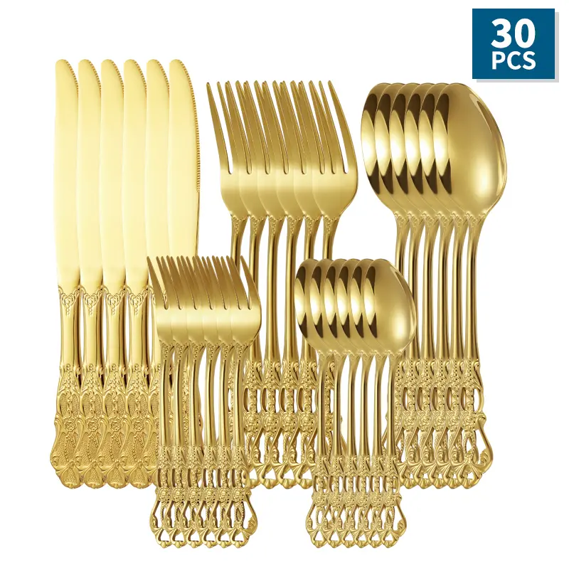 Vintage Royal Golden Cutlery Set, 30-Piece Including Knife, Fork, Spoon, Coffee Spoon, and Fruit Fork, Suitable For Family Gatherings Birthday Parties Kitchen Supplies Utensils Dinnerware Tableware Stainless