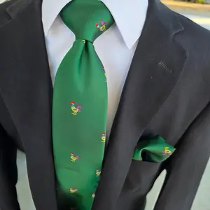 Rooster Green Silk Tie Pocket Square Cufflink Set
