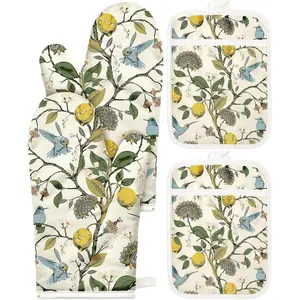 Cotton Oven Mitts and Pot Holders Sets - Quilted Lining Heat Resistant 4 Pieces Set with Hanging Loop Cute Farmhouse Boho Spring Kitchen Decor and Accessories, Lemon Bird