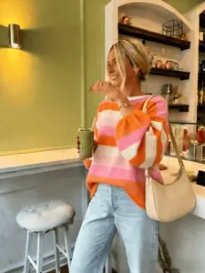 Women's Fall Winter Casual Colorblock Striped Round Neck Drop Shoulder Sweater, Comfortable and Stylish Knitwear for Daily Wear