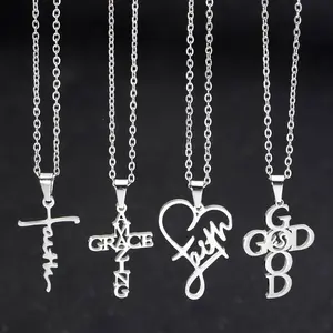 4pcs Stainless Steel Faith Word "faith" Letter Heart Amazing Grace Faith Cross Church Prayer Religious Pendant Necklace Set, Valentine's Day Jewelry Gift