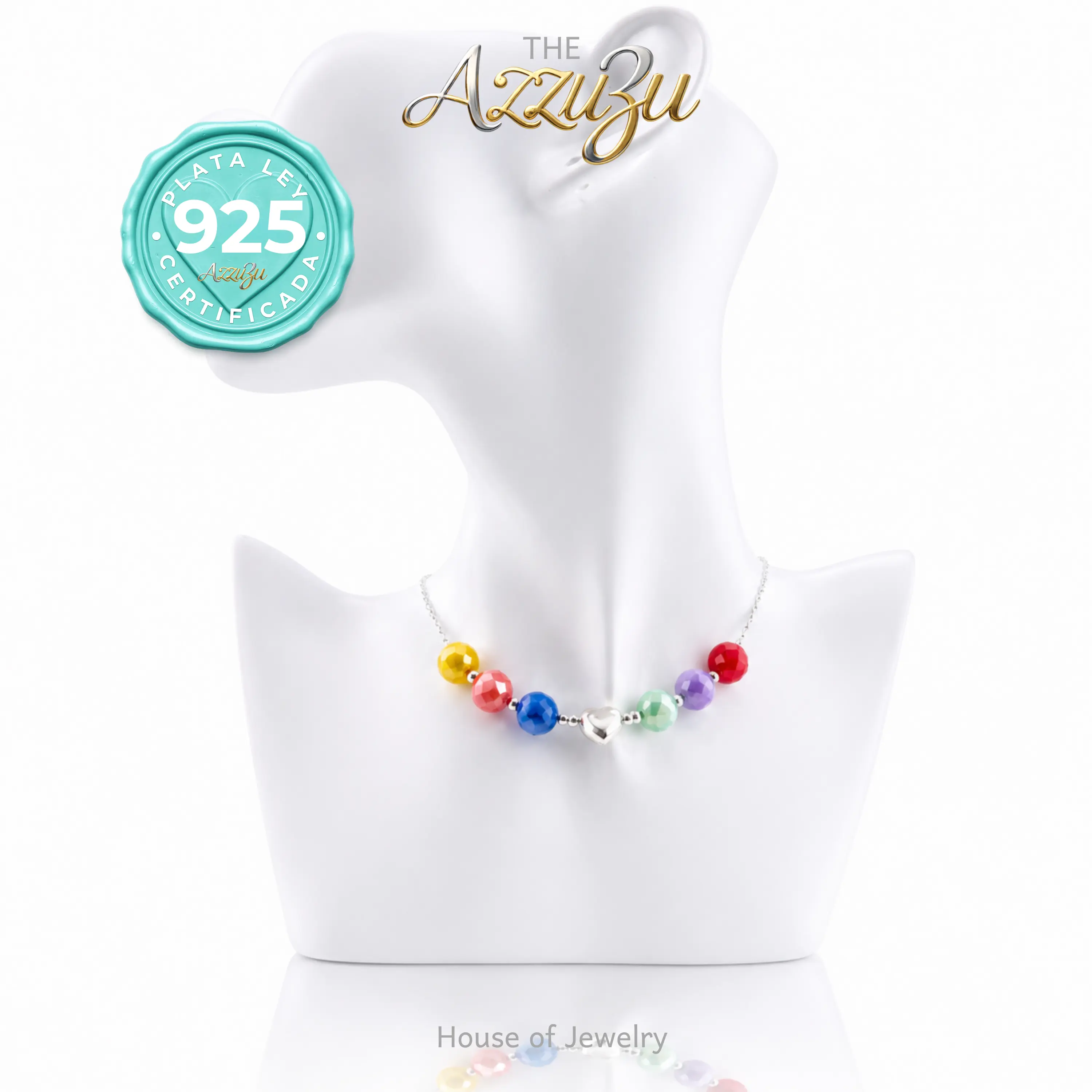 The AzzuZu 925 Sterling Silver Natural Multicolor Faceted Agate “Puffed Heart”Necklace