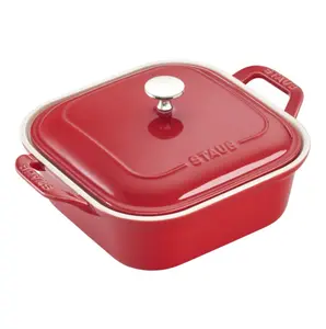 Staub Stoneware 9-inch Square Covered Baking Dish Cherry Color Vitreous Glass Porcelain-enamel Finish Scratch-resistant Oven Safe Dishwasher Safe