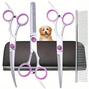 Pet Scissors Dog Grooming Scissors Set 5-in-1 Grooming Curved Scissors Pet Grooming Scissors with Grooming Comb Suitable for Dogs and Cats