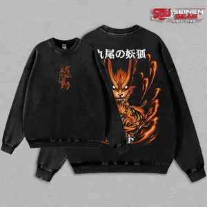 Kurama Nine Tails Fox Vintage Washed Oversized T-Shirt Hoodie Sweatshirt, Naruto Anime Graphic Tee, Heavy Cotton Streetwear Unisex Shirt, Casual Menswear Gift for Anime Fans