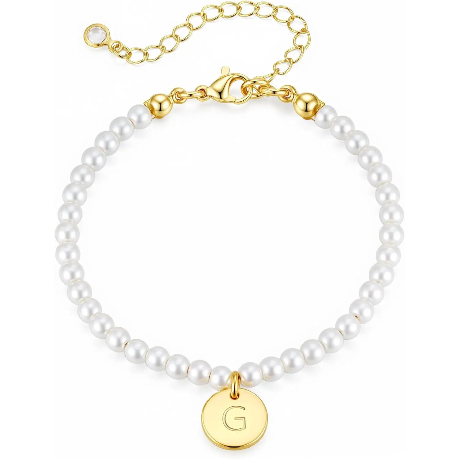 Women's Dainty Letter Bracelet - Elegant Brass-Made Glass Pearl Initial Charm Jewelry, 6+2 Inches Adjustable Link Bangle, Highlight Appearance to Grasp Everyone's Eyes, Wedding Gift Idea, Wedding Gift Ideas, Dainty Look