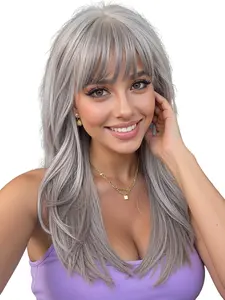 18 Inch Medium Length Wave Wig with Bangs, Fashionable Synthetic Wigs Natural Looking Fiber Hair, Natural Look, Easy Care, Suitable for All Ages