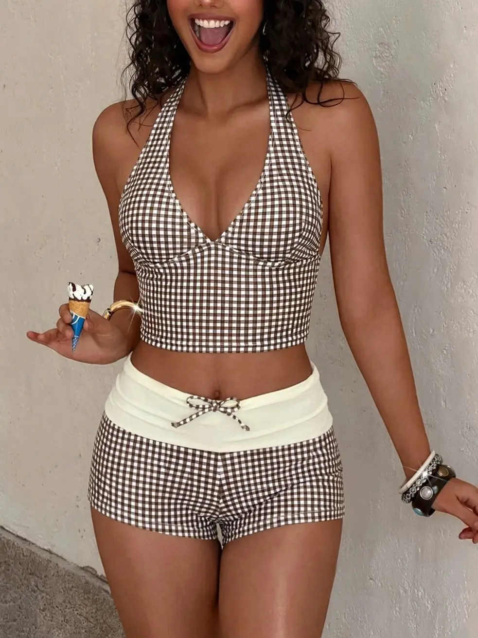PEPPERMOLLY Women's 2PCS Plaid Bikini Set | Retro Gingham Halter Longline Swim Top & Boyshort Bottoms | Summer Beach Swimwear