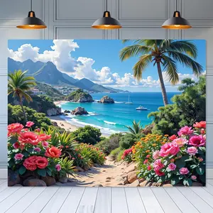 1PC,2D Flat Tropical Seaside Flower Door Banner, Festival Decoration Curtain, Romantic Beach Palm Tree Sea View Door Hanging, Home Festival Atmosphere Decorative Tapestry, Outdoor Party Decor Backgro
