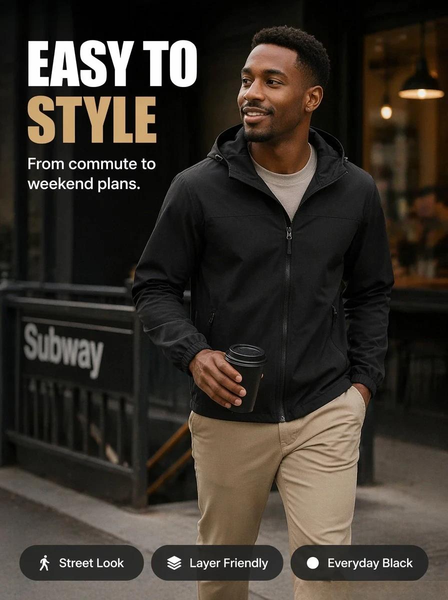 Men’s solid-color windproof hooded jacket with drawstring and zipper; casual long-sleeve jacket with zippered pockets; four-season men’s outerwear; casual-style jacket; men’s mountaineering sports jacket