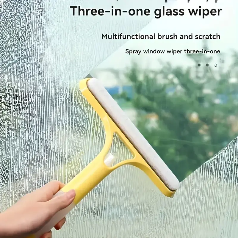 2025 New 3-in-1 PVC Durable Glass Cleaner Tool - Cleaner Scraper Squeegee, Wiper Tool with Spray Function, Lightweight Grip, Silicone Microfiber Wipe, Stiff Bristles, Gunk Removal for Homeowners’ Indoor/Outdoor Cleaning