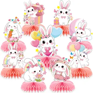 9 Pcs Bunny Party Honeycomb Centerpiece Decorations Cute Rabbit Table Decorations for Easter, Wedding Centerpieces, 3D DIY Bunny Honeycomb Centerpiece for Birthday Party Table Decorations Baby Shower Supplies