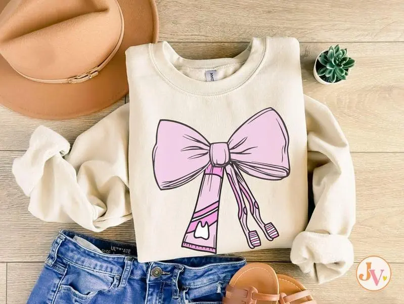 Dental Assistant Shirt, Dental Hygiene Gift for Dental Hygienist Sweatshirt Dental School Graduation Gift, Coquette Dental Shirt Women Bow Top Womenswear