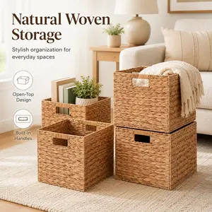 Natural Water Hyacinth Storage Baskets, Handwoven Cube Organizer Bins with Cutout Handles, Open Top Woven Storage Basket for Shelves, Closet, Living Room, Bedroom, Bathroom, Pantry