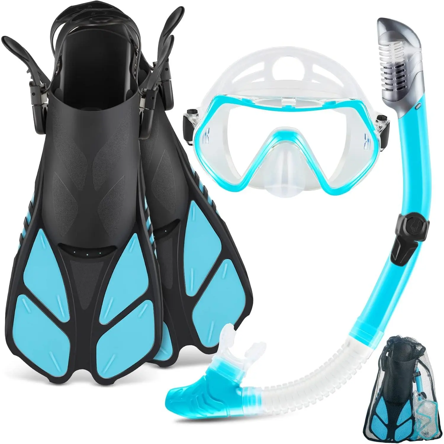 Fin snorkel mask set, travel size snorkeling gear for adults with panoramic view anti-fog mask, track fins, dry top snorkel and gear bag for swimming training, snorkeling kit diving packages
