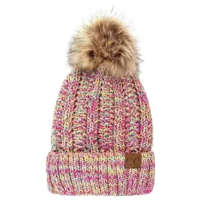 C.C Exclusives Pom Beanie – Multicolor Cable Knit, Fuzzy Lined