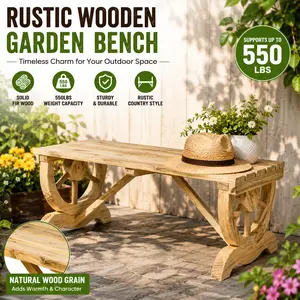 2-Person Wagon Wheel Bench Wooden Garden Seating Rustic Patio Furniture Heavy Duty 550lbs Capacity Front Porch Loveseat Farmhouse Outdoor Decor Backyard Lawn Country Style Natural Wood Cabin Courtyard Chair