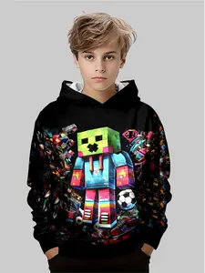 Pixel Style with Football & Keyboard Elements, Creative Kids Fashion, Casual Fall&winter Wear, All over Print Design, Graphic Team Hoodie