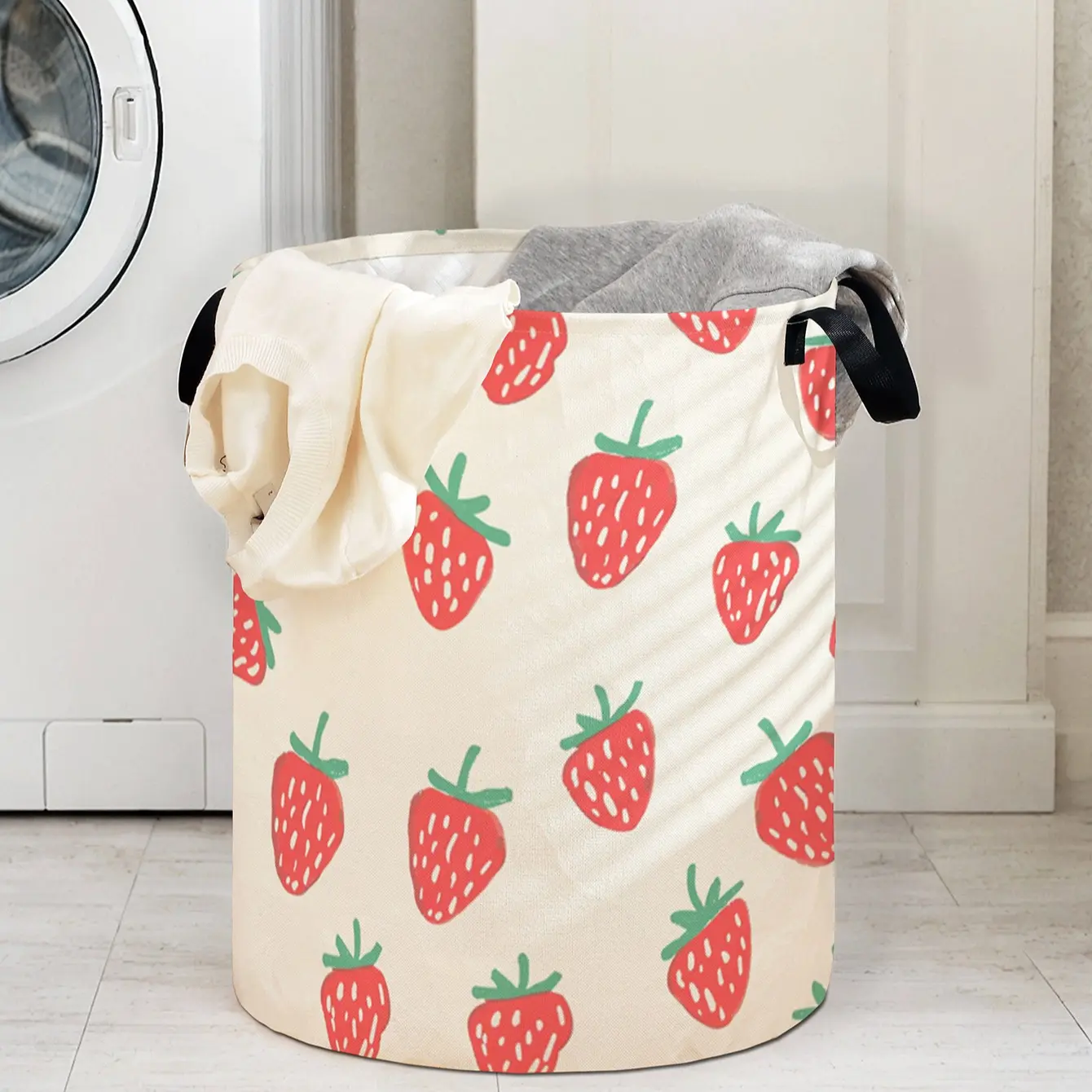 Strawberry Print Laundry Basket with Handle, Durable Foldable Laundry Hamper, Clothes Storage Bin, Large Capacity Toy Organizer for Home Use, Portable Storage Basket