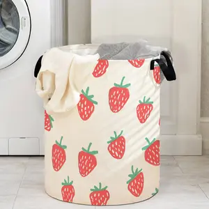 Strawberry Print Laundry Basket with Handle, Durable Foldable Clothes Storage Bin, Large Capacity Toy Organizer for Home Use