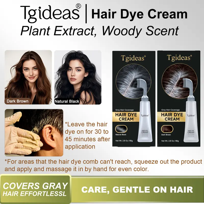 Tgideas Hair Dye Comb & Cream - Portable Home Use Haircare Cosmetic, 3-in-1 Treatment, Gentle Formula with Hyaluronic Acid, 100% Gray Hair Coverage, Black/Brown Options, 1 Box (Included Dye Tools), Color Solution