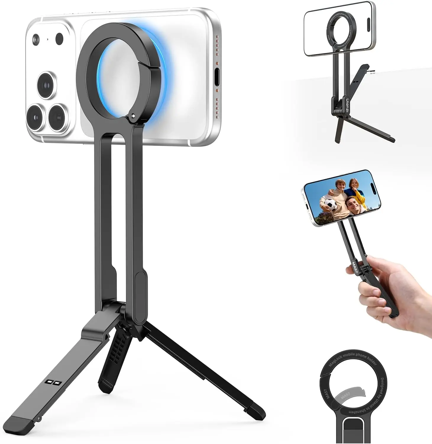 Mini Magnetic Tripod Phone Holder for iPhone, Mobile Accessories with Super Strong Magnet, Foldable Hook, Pocket-Sized, MagSafe Compatible (iPhone 12-17)