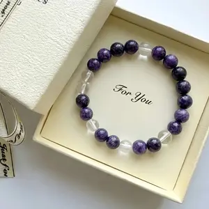 【FREE GIFT】Hcrystyle Air signs Bracelet- Natural Charoite & Clear Quartz combination Designed for Air signs to enhance Intellect, Rational & Freedom energy - Gift for love ones/ friends- birthday/ anniversary gift | 8mm beads 6.5-7.5 inches men