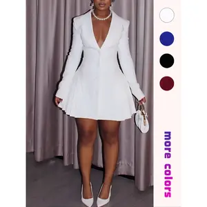 Women's Chic Minimalist Solid Color V-Neck Pleated Button Long-Sleeve Dress - Fitted Formal Wear for Lady, Casual All-Seasons Daily Womenswear