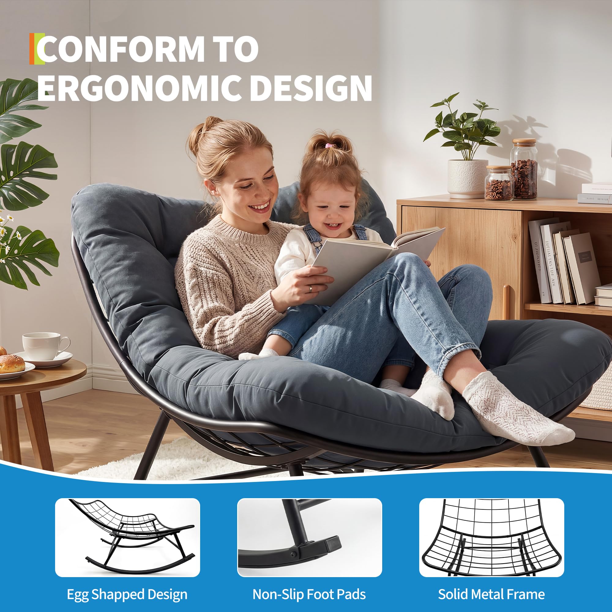 Egg Chair Oversized Rattan Rocking Chair Outdoor Rocking Chair, Oversized Patio Wicker Egg Chair with Thick and Removable Cushion, Metal Frame, Rattan Comfy Rocking Lounge Chairs for Living Room, Balcony & Yard