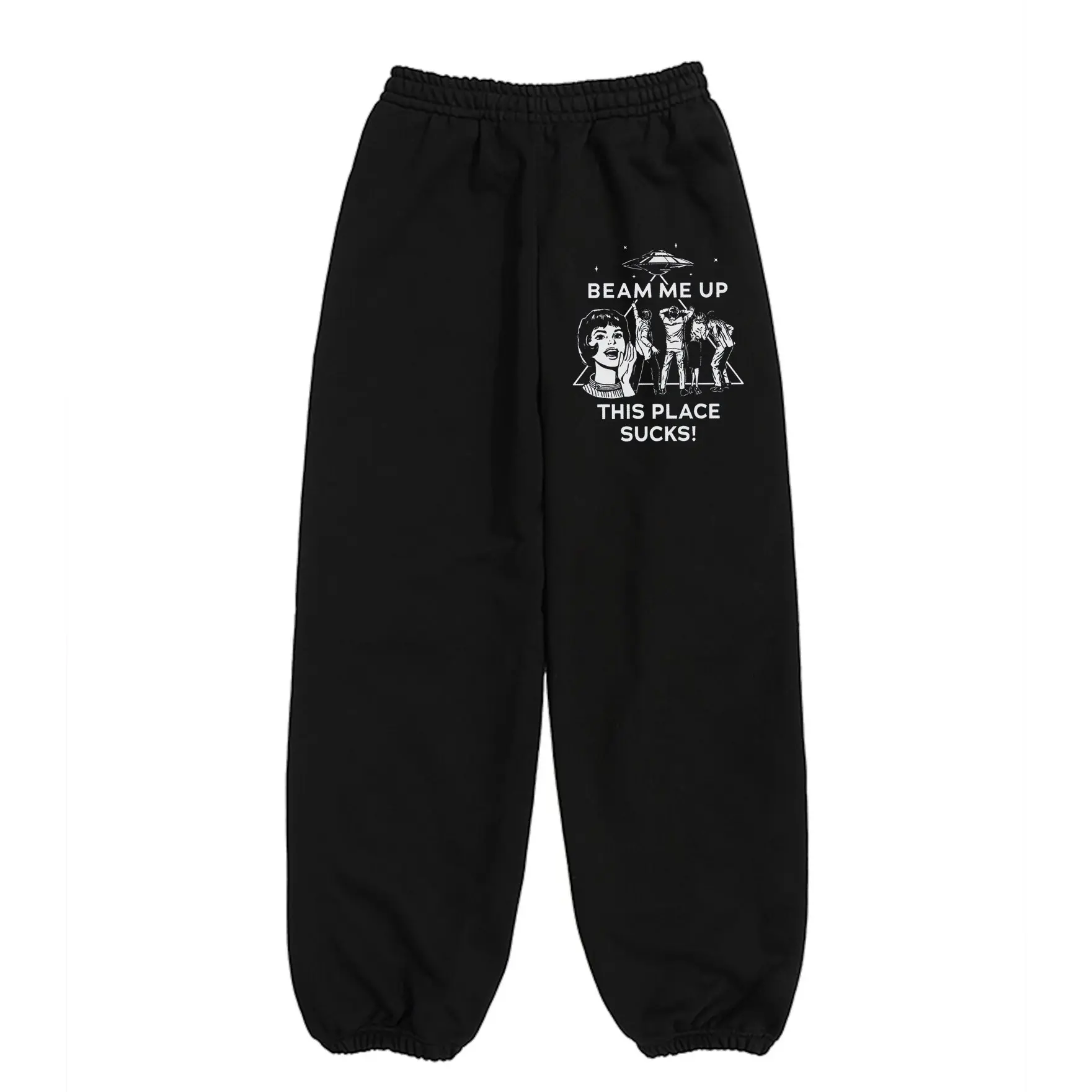 Retro Space Graphic Sweatpants, Casual Street Style, Funny Alien Graphic Joggers, Unisex Cozy Joggers, Vintage Alien Sweatpants, sarcastic pants, retro sci fi clothing, streetwear sweatpants