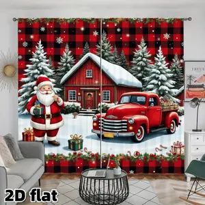 2D Flat 2Pcs Christmas Santa Claus Red Truck Curtains, Buffalo Plaid Border, Snow Fir Trees Pattern, Winter Holiday Theme, Rod Pocket Style, Semi Sunshade Polyester Fiber, Suitable for Living Room, Bedroom, Window Decoration,, Home Decoration Curtain