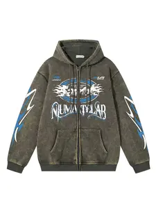 Men's Vintage Dark Wash Tie-Dye Flame Letter Print Hoodie, Casual Fashion Zipper Jacket, Casual Hooded Jacket, Trendy Streetwear Pullover Sweater