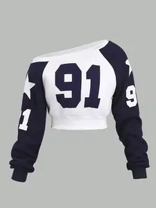 Fashionable Versatile Long Sleeve Top, Cross Shoulder & One-Shoulder Design, Slim-Fitting Casual Wear, Digital Letter Printed Graphic Patterns