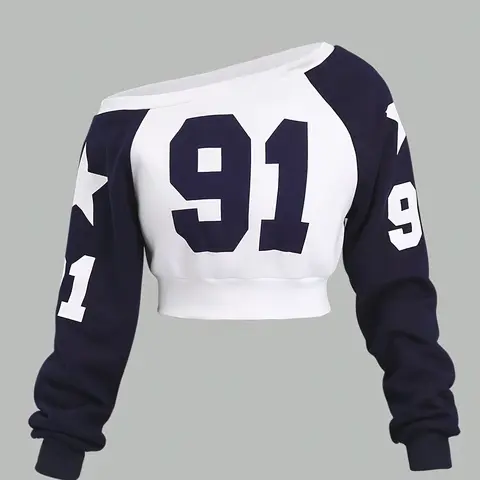 Fashionable Versatile Long Sleeve Top, Graphic Print Pullover, Womenswear Cross Shoulder & One-Shoulder Design, Slim-Fitting Fitted Casual Wear, Digital Letter Printed Graphic Patterns, Style, All Season Pullover, Aesthetic Casual Pullover