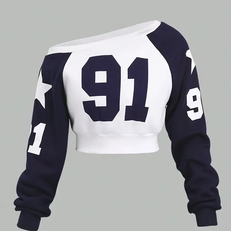 Fashionable Versatile Long Sleeve Top, Graphic Print Pullover, Womenswear Cross Shoulder & One-Shoulder Design, Slim-Fitting Fitted Casual Wear, Digital Letter Printed Graphic Patterns, Style, All Season Pullover, Aesthetic Casual Pullover