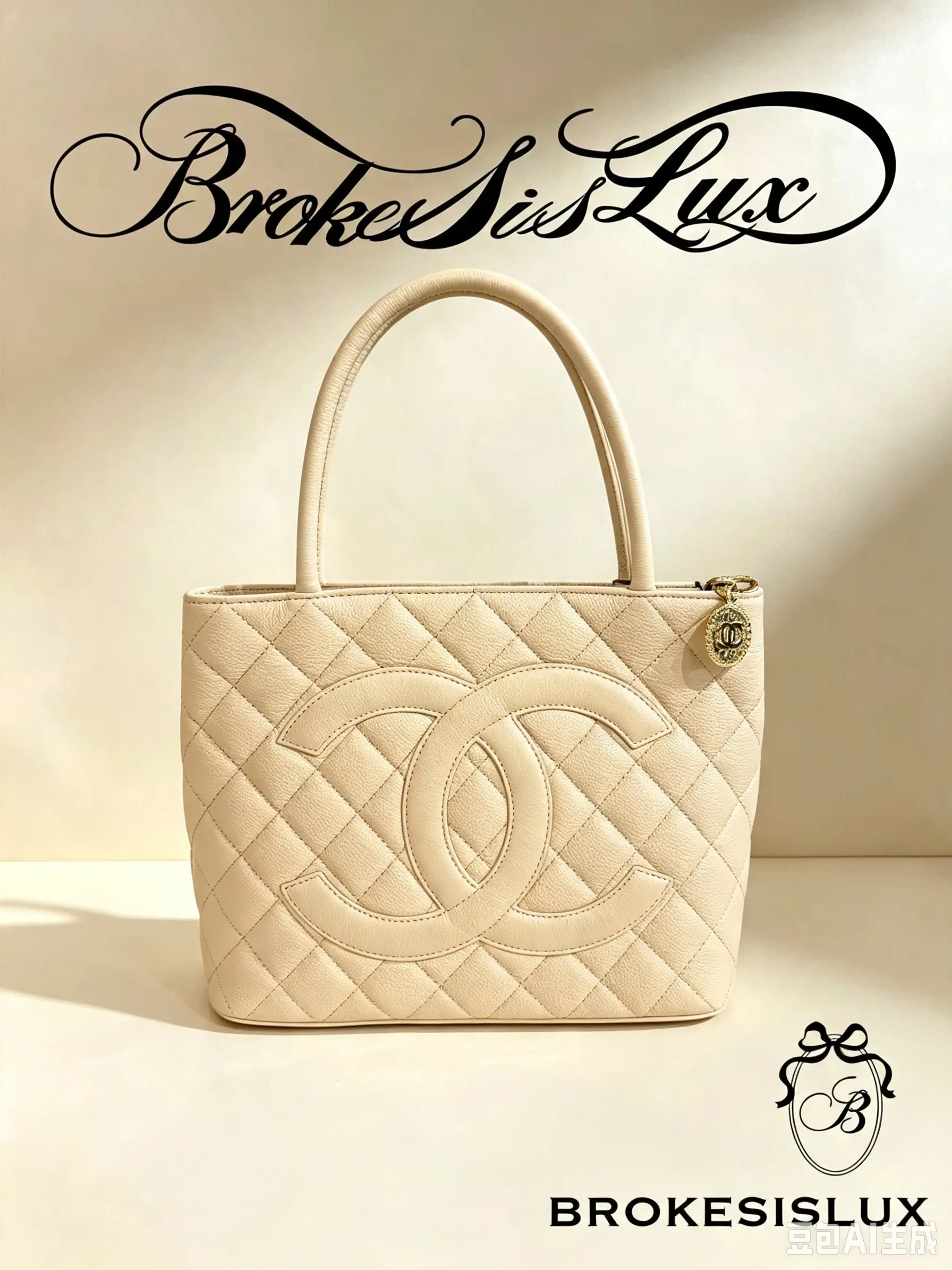 Pre-owned CHANEL Beige Caviar Leather Quilted Medallion Tote with Gold CC Charm