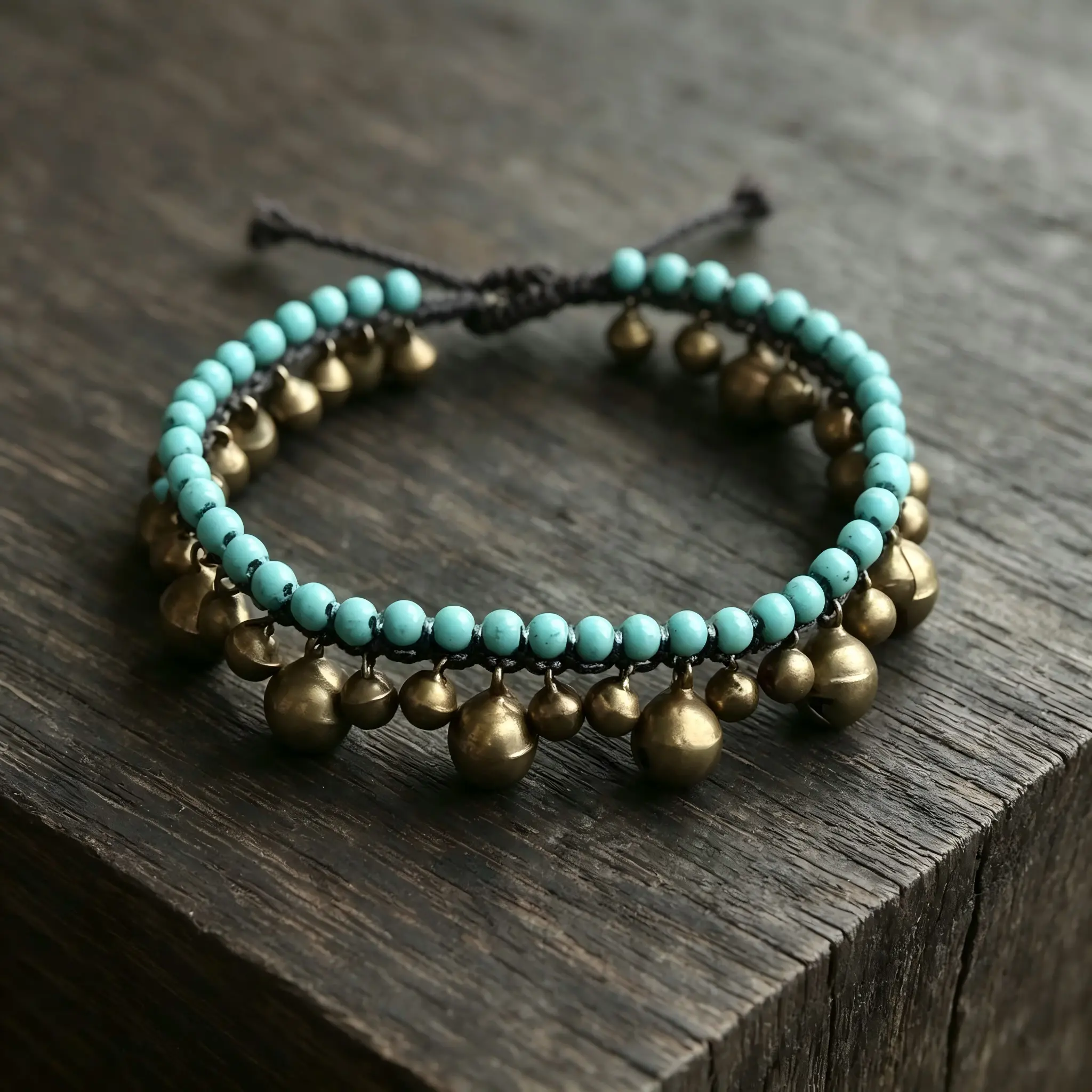 Women's Handmade Boho Turquoise Bead Copper Bell Bracelet - Vintage Ethnic Woven Adjustable Turquoise Jewelry, Tribal Costume Accessory for Soulful Healing Sounds