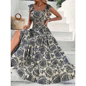 Women's Ethnic Pattern Skirt Vintage Set, Boho Butterfly Sleeve Crop Top & High Waist Ruffle Long Skirt, Ladies Fall Flattering Silhouette Delicate Details Clothes for Summer Vacation Holiday Beach, Fall Wedding Guest Dress, Womenswear