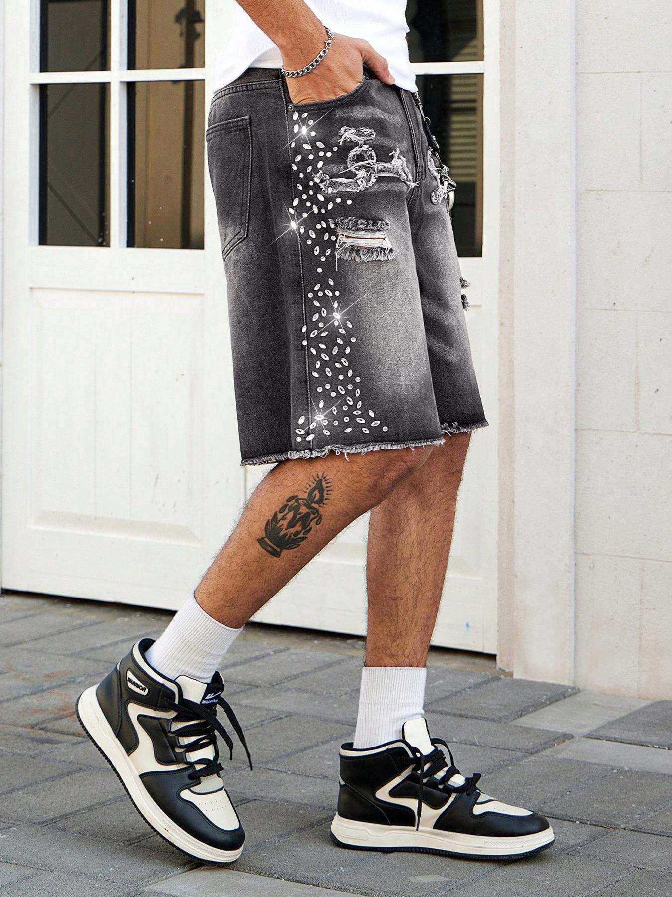 mens jorts，Rhinestone-Embellished Denim Shorts, Low-Rise Frayed Denim Shorts, Loose-Fit Jeans, Distressed Slim-Fit Straight-Leg Jeans