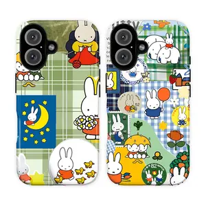 Cute Bunny Collage Phone Case, Kawaii Miffyy Patchwork Phone Cover for iPhone 11–17 Pro Max & Galaxy S21–S26, Green Plaid & Blue Gingham Aesthetic, Cartoon Rabbit Protective Cover, Gift for Her Girls