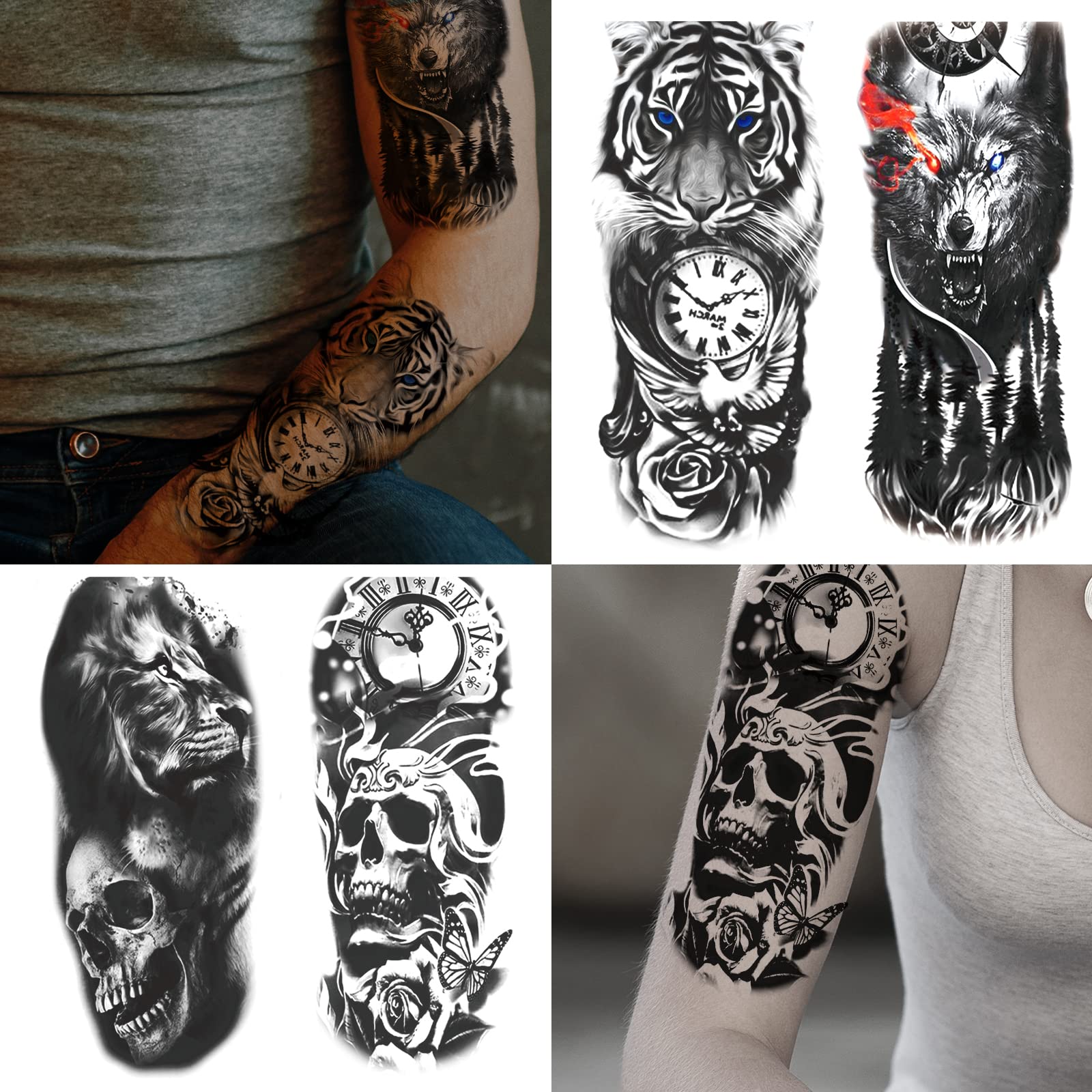 72 Sheets Temporary Tatoo 12 Large and 60 Medium-sizedsheets Black Arm Temporary Tattoos For Men Forearm WomenThigh, Half Sleeve Temporary Tattoos , Halloween Tattoos Scary Lion Wolf Tiger Skull Skeleton Tattoos Stickers