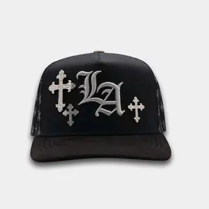 Las Cruzes Black Trucker Hat Embroidered Design and Cross Details
